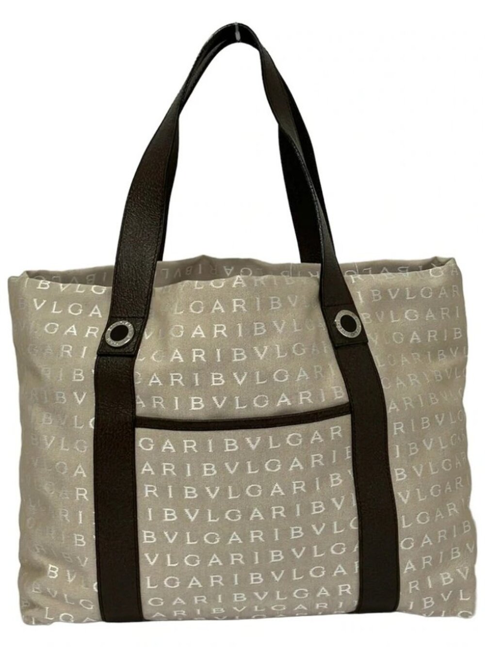 BVLGARI Bvlgari Bvlgari Beige Dark Brown Jacquard Leather Tote Bag